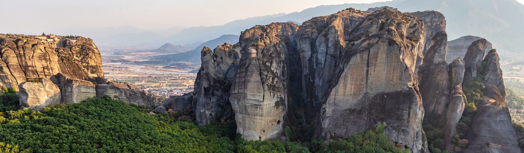 Aerial drone view of the Meteora in Greece at sunset