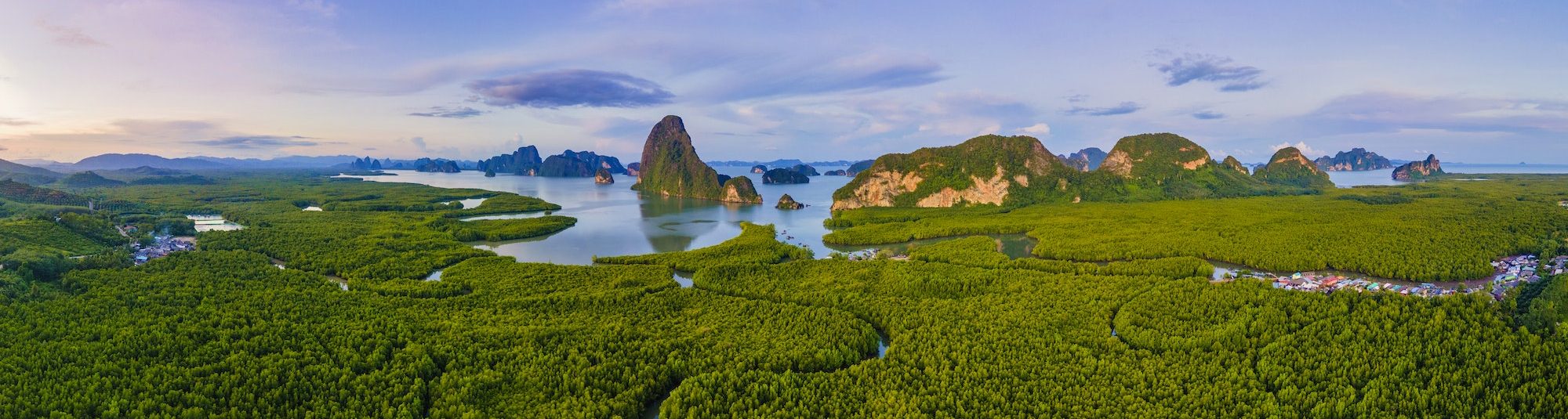 Sametnangshe, view of mountains in Phangnga bay with mangrove forest in andaman sea Thailand