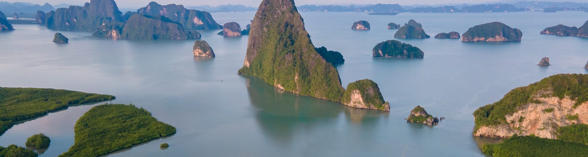 Sametnangshe, view of mountains in Phangnga bay with mangrove forest in andaman sea Thailand